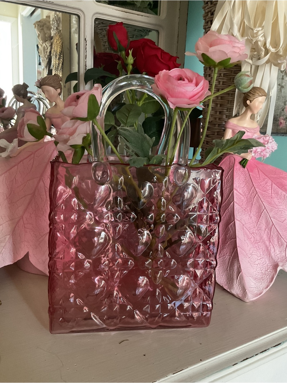 Pink Textured Glass Tote Vase with Clear Handles